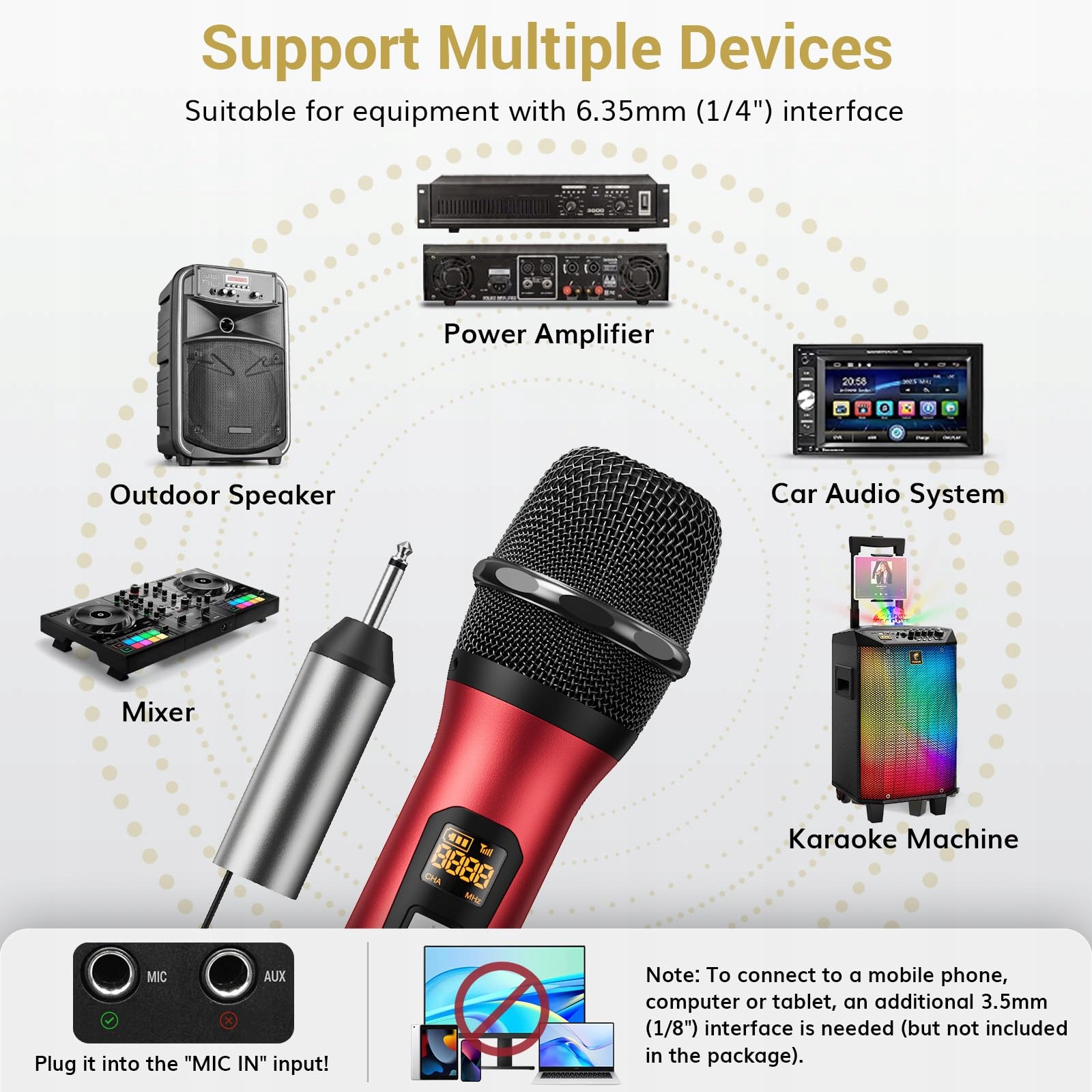 TONOR Mikrofon Bezprzewodowy UHF Z Odbiornikiem Do Karaoke 60m Czerwony — miniatura 5