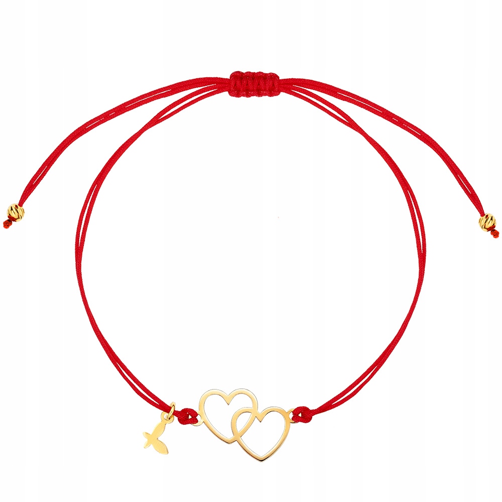Bransoletka Złota Na Sznurku Czerwona Dwa Serca Regulowana Złoto 585 Sadva