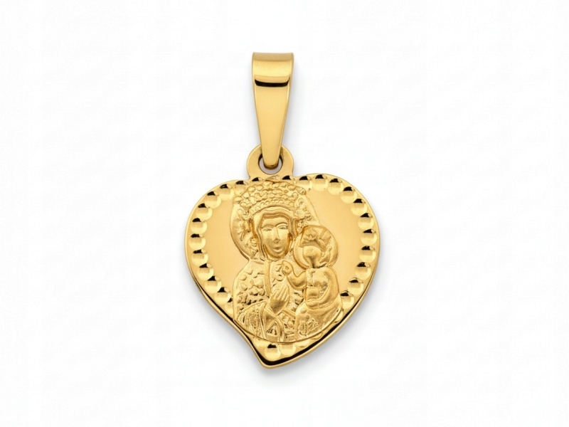 Zlatý medailonek 585 jemný přívěsek srdce s Marií pro svaté přijímání a křest