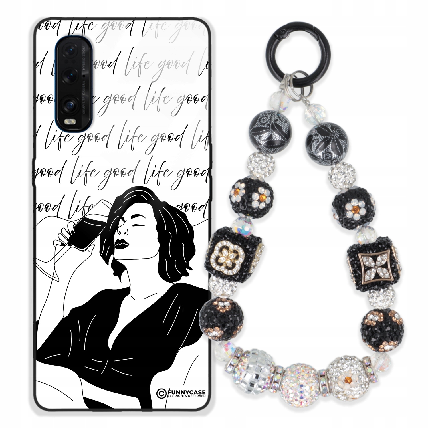 Puzdro Pre Oppo Find X2 Glass Ženské Čierno-biele Kľúčenka Strieborné Zirkóny