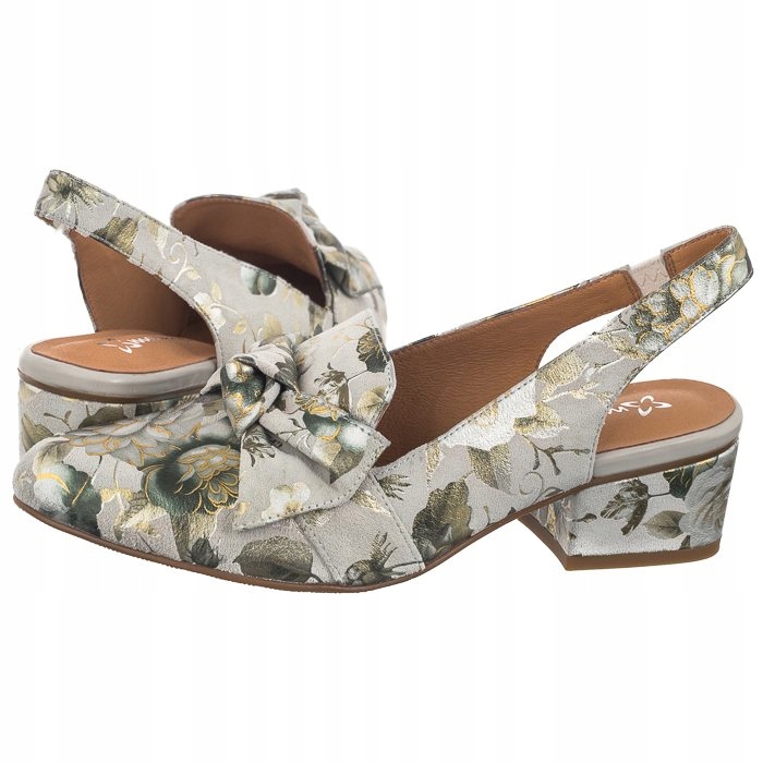 Boty Kožené sandály na podpatku Dámské Maciejka Zelené s květinami