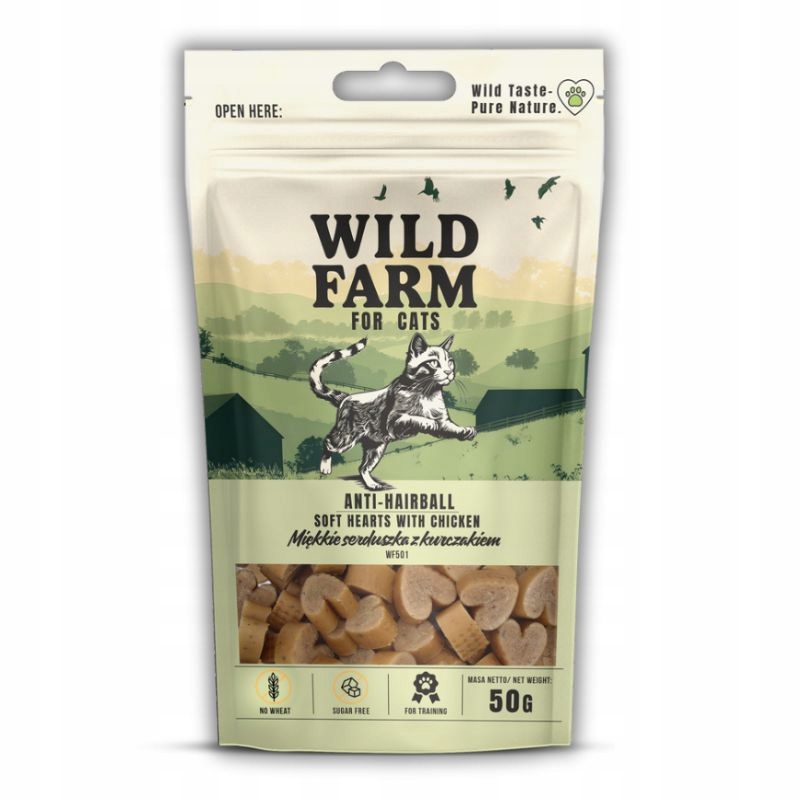 8X Wild Farm anti-hairball měkké kuřecí srdce 50g pamlsek pro kočky