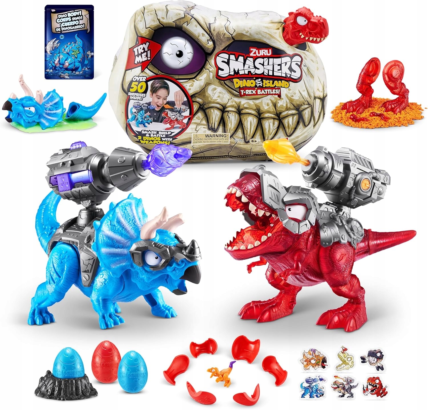 Smashers Dino Island T-Rex Battles Zuru, modrý Triceratops, 50+ překvapení Bo