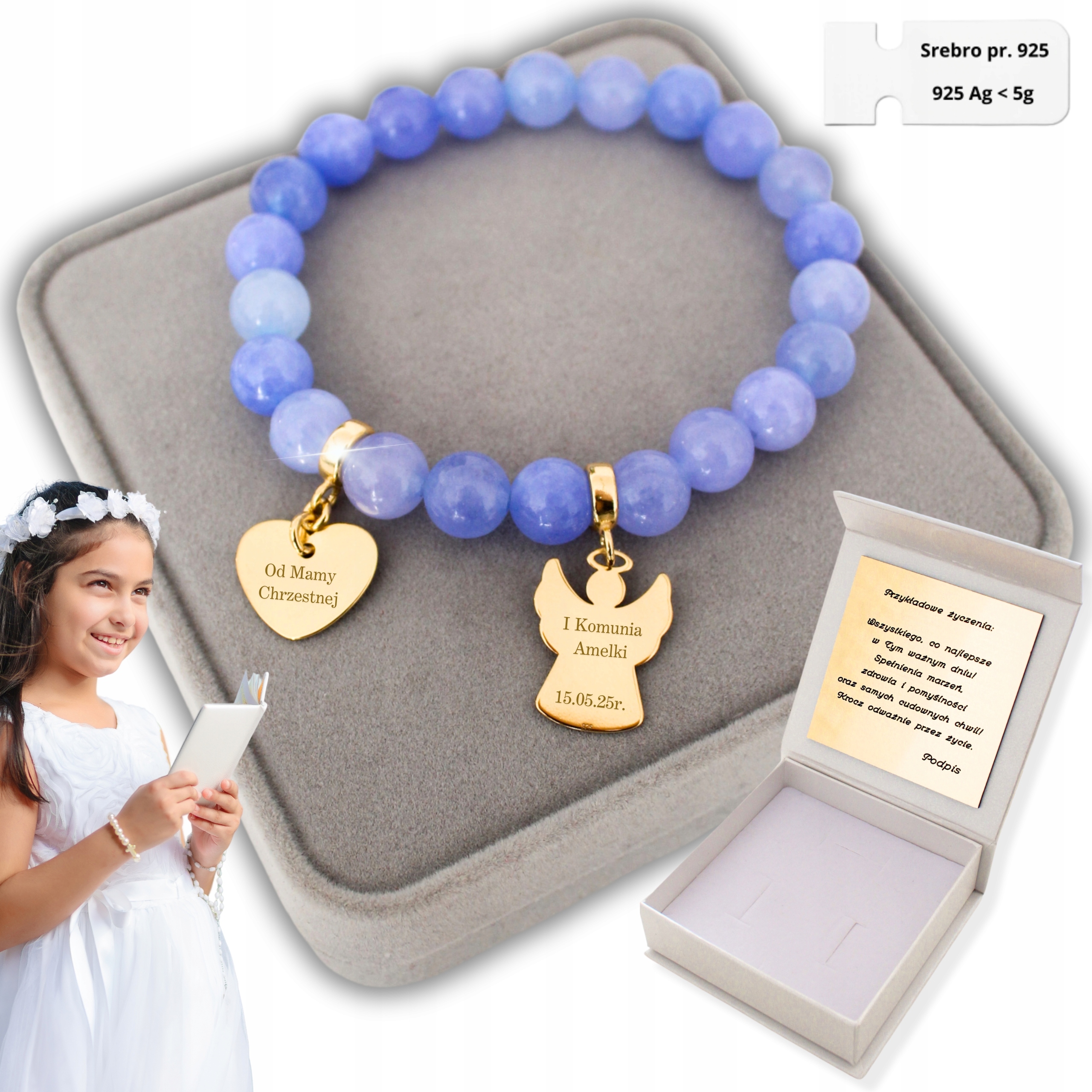 Zlatý náramek s andělem pro dívku Srdce pro přijímání Gravírování 925