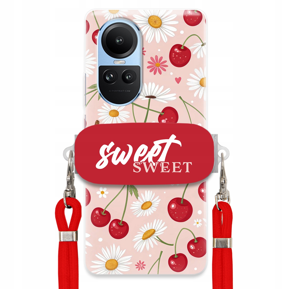 Puzdro pre Oppo Reno 10 5G Červené vodítko Crossbody držiak Sweet Kvet čerešne