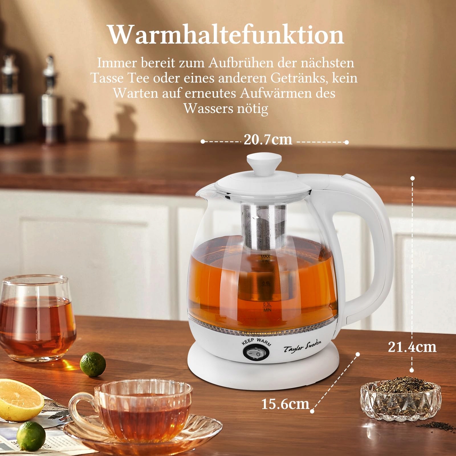 TAYLOR SWODEN Czajnik Elektryczny Szklany 1L 2200W LED BPA Free Z Teesitem — miniatura 3