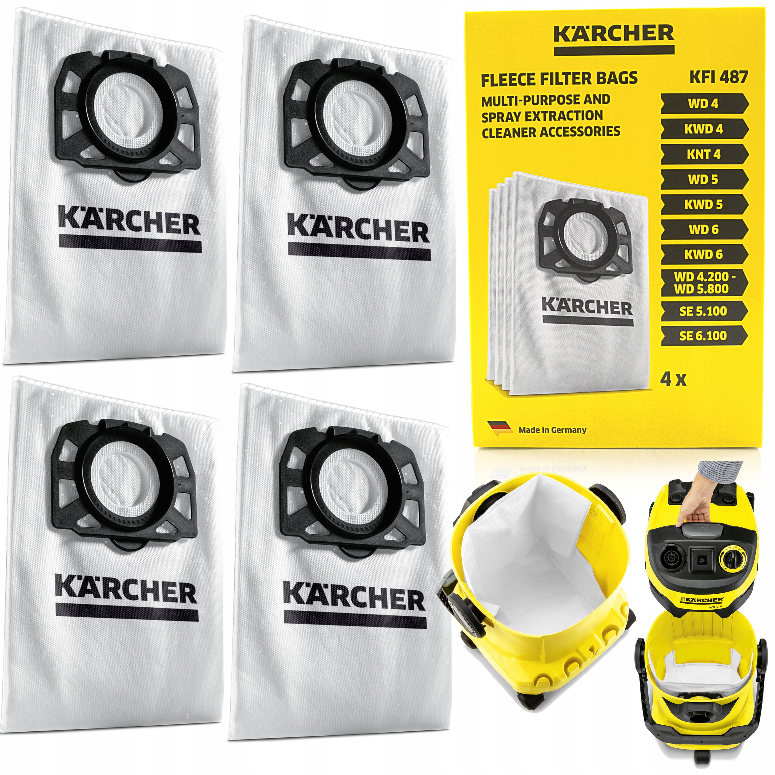 Lot de 6 sacs d'aspirateur pour Kärcher WD4, WD5, WD6 KFI 487