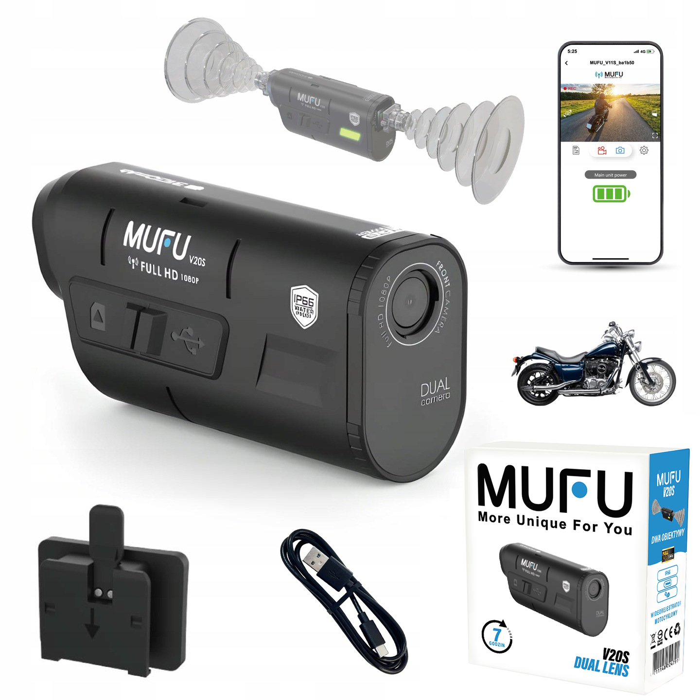 Motocyklový Videorekordér Mufu Motocam V20S FullHD 7h kamera na motocykel