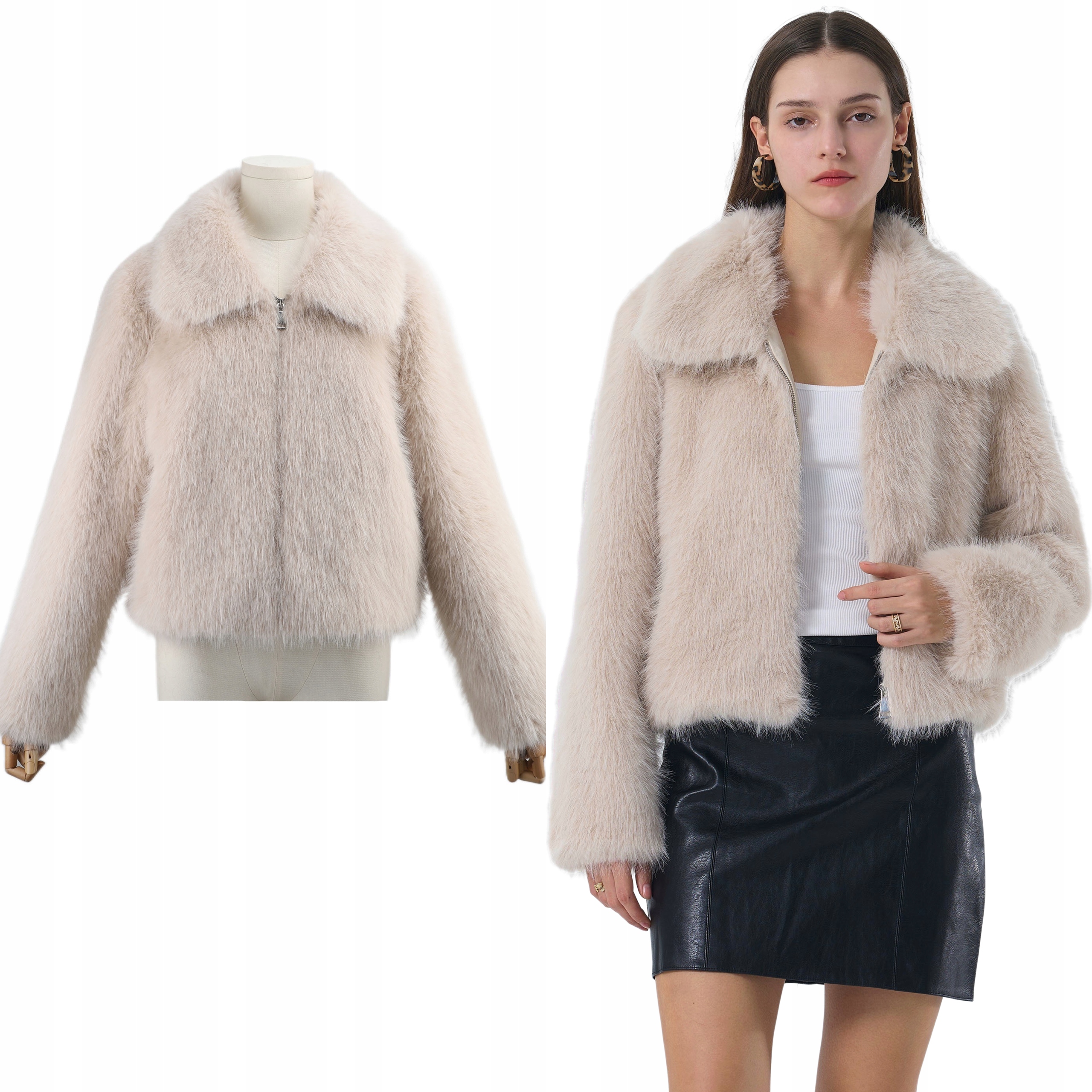 Dámská zimní bunda lehká krátká s kožešinou kožíšek a kapsami světle béžová