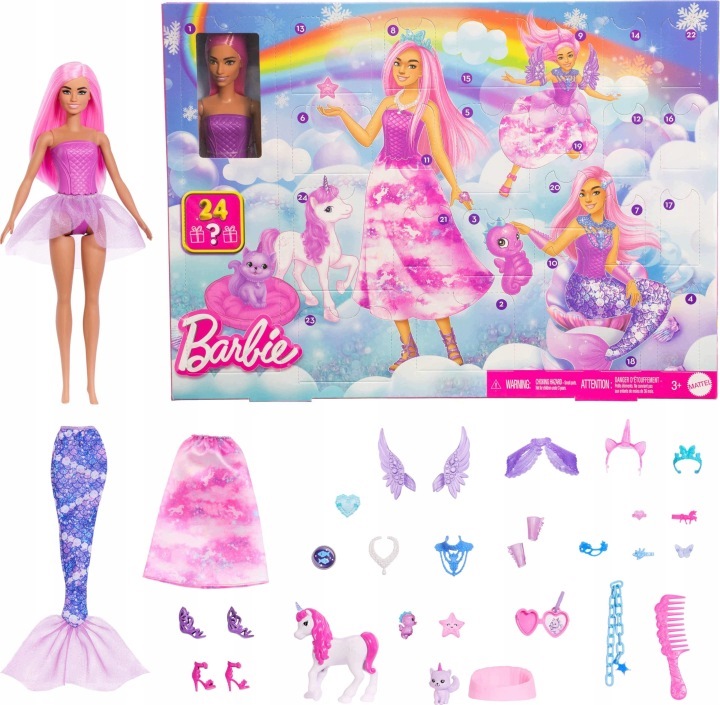 Адвент-календарь Barbie, кукла 29 см и 24 сюрприза: наряды русалки, принцессы и феи, от 3 лет