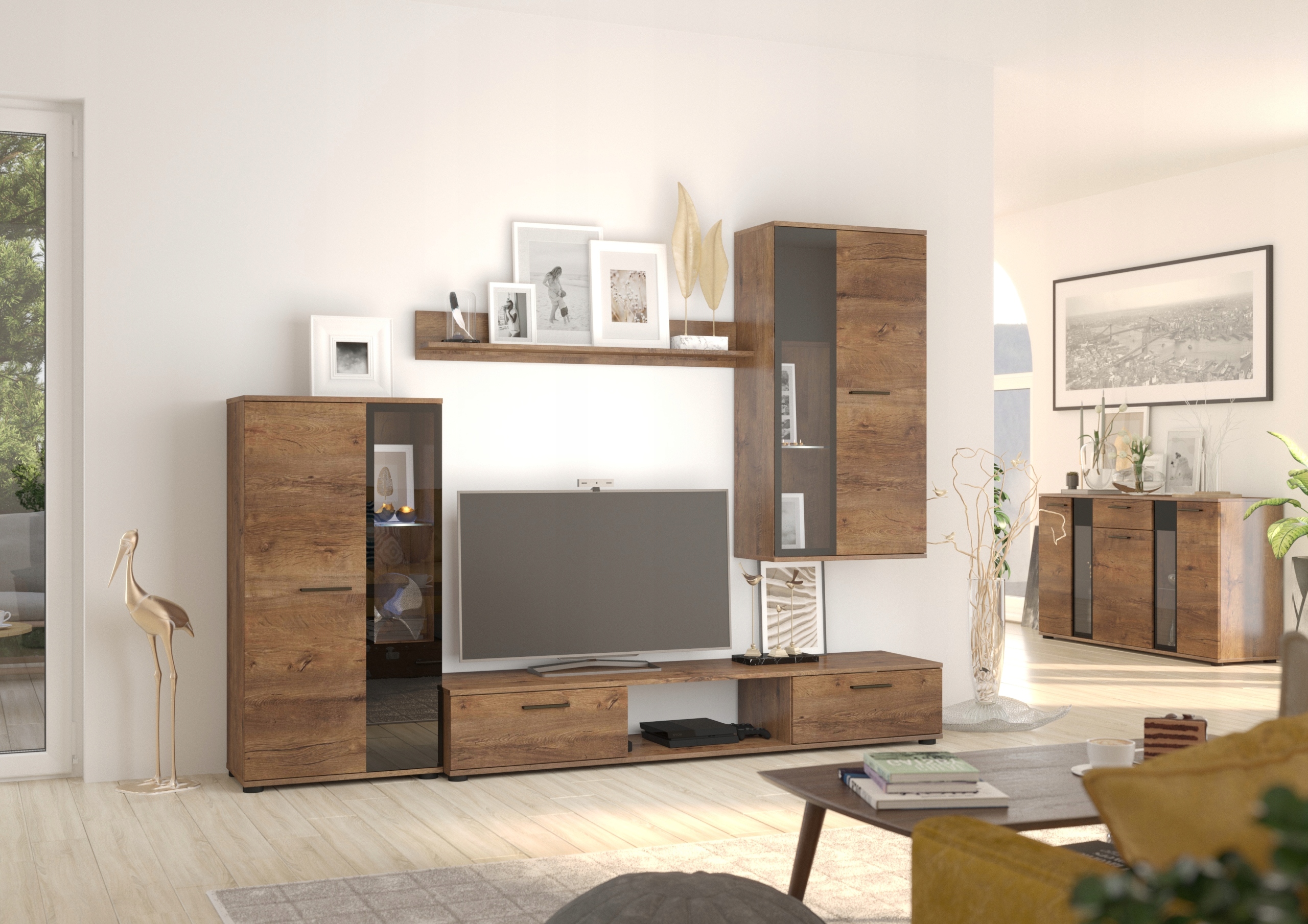 Moderní nástěnná Nábytková Stěna z dubového dřeva Lefkas. Komoda, Grafit varianta.