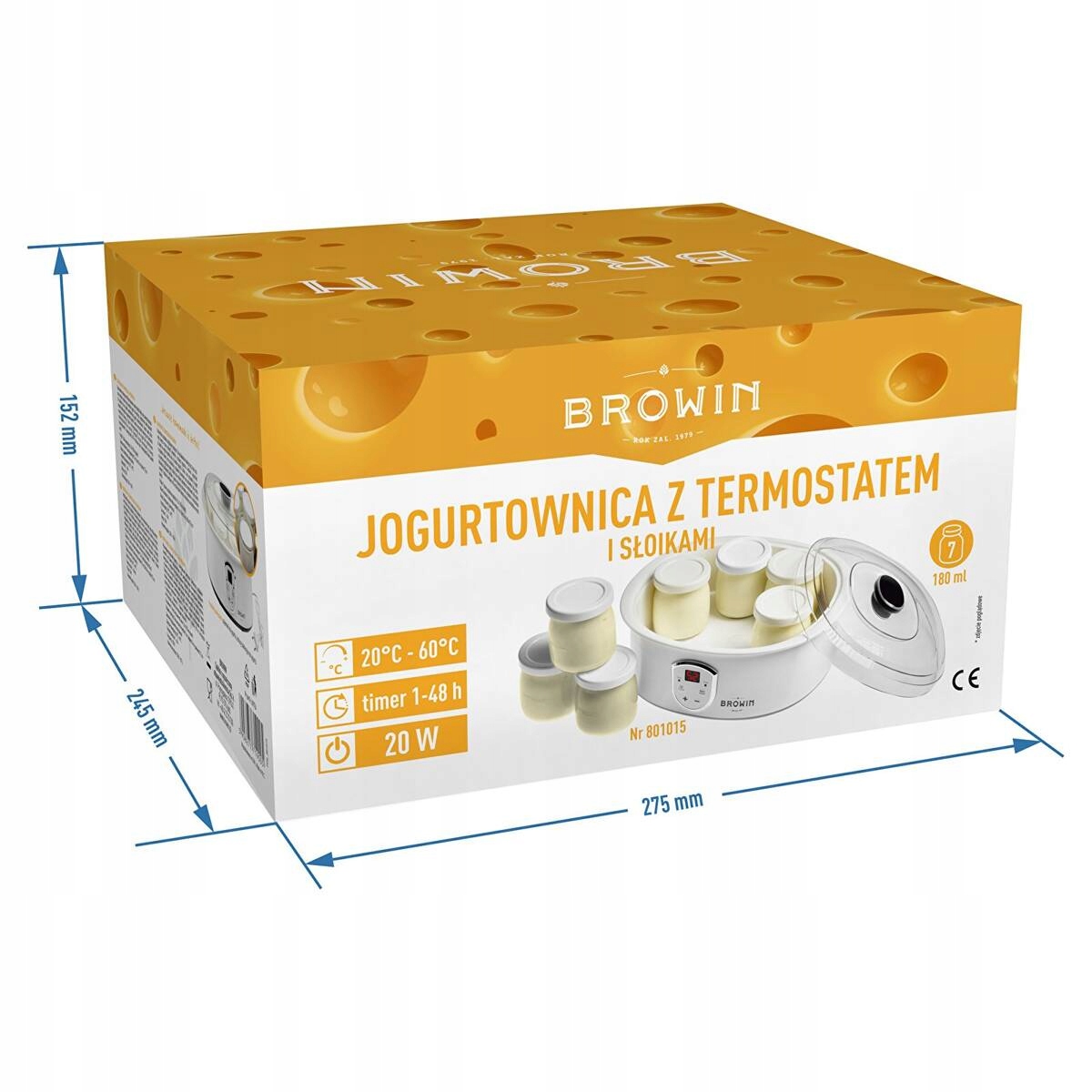 Zestaw Jogurtownica BROWIN 1,3L 20W termostat + 7 x SŁOIKI - 20-60 C TIMER Moc 20 W