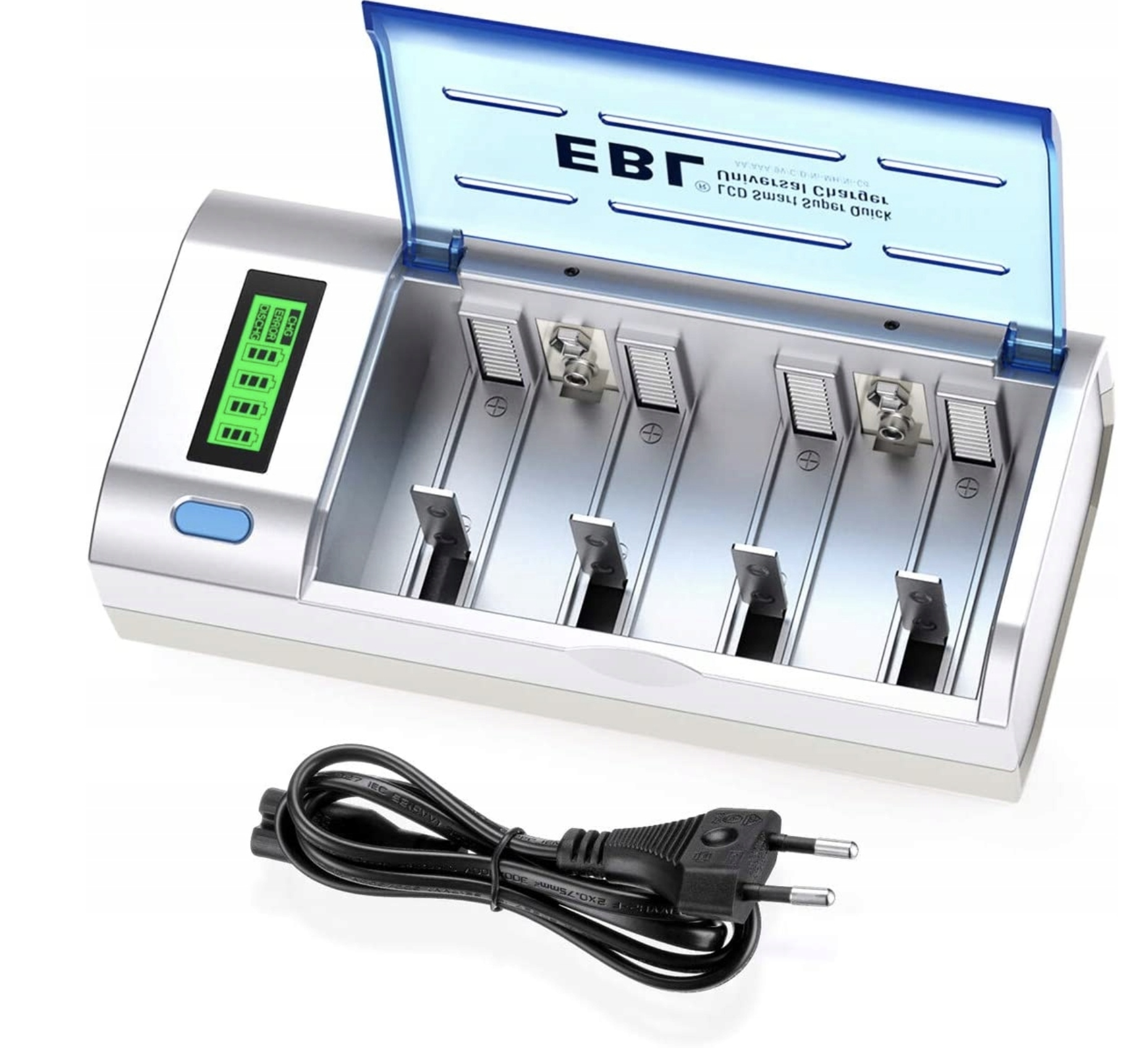 Nabíječka na 4 baterie Baterie Aa, Aaa, C, D a 9V LCD Usb Bílá