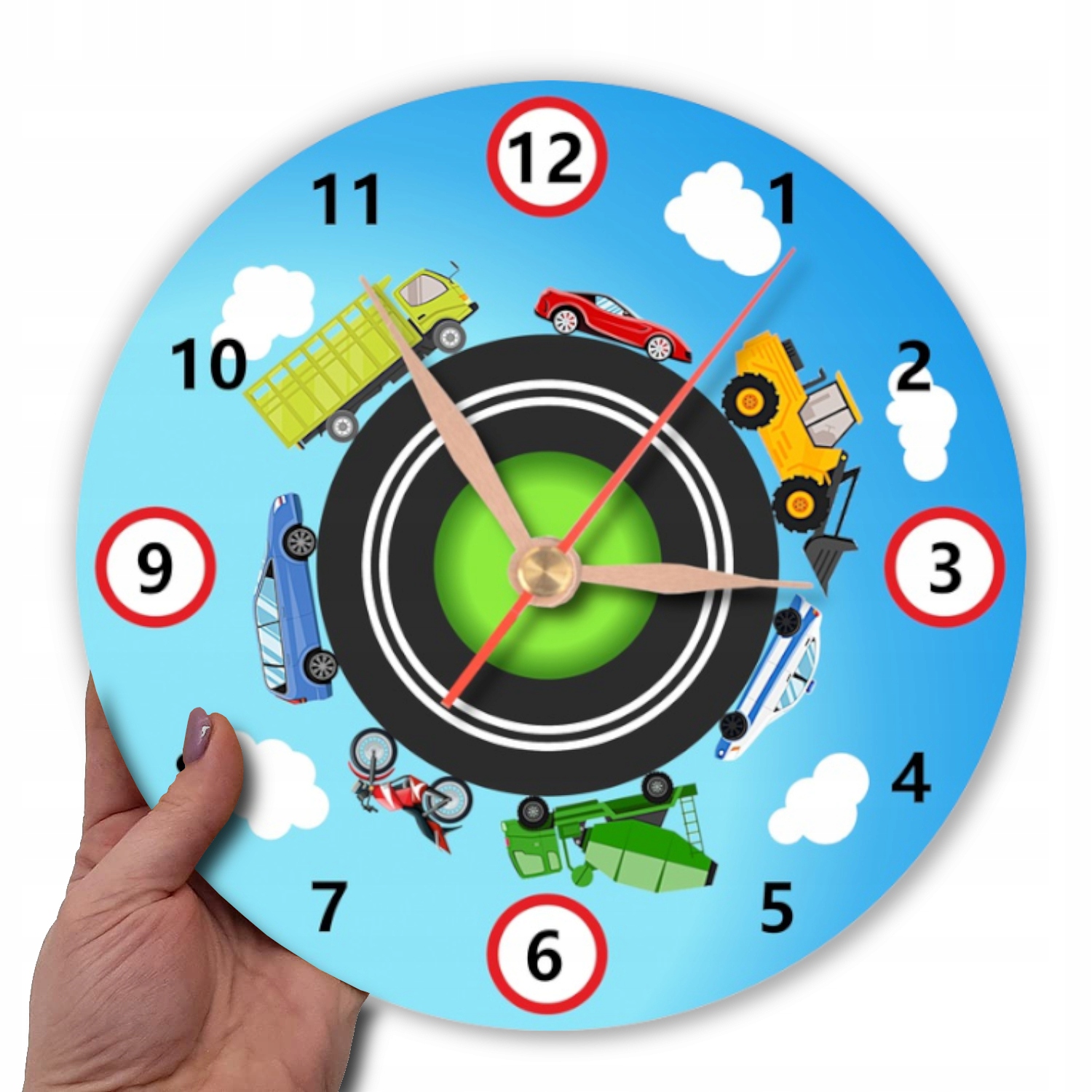 Zegar ścienny dla dzieci SAMOCHODY POJAZDY AUTA Zasilanie baterie