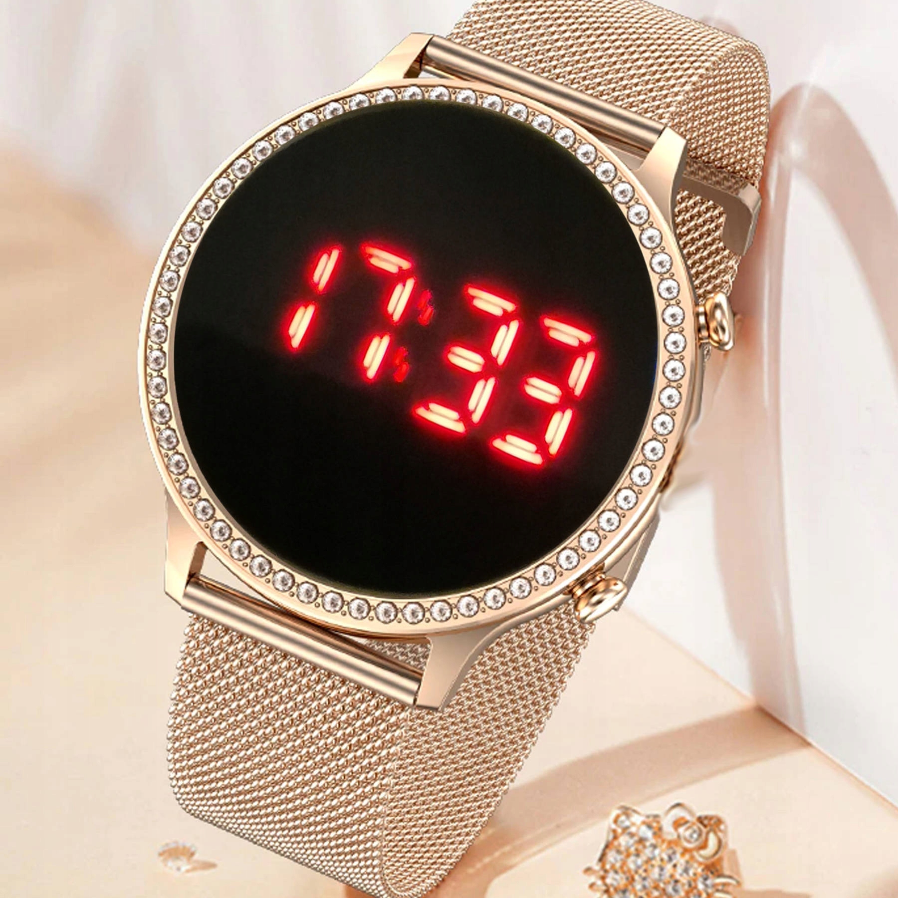 MODNY STYLOWY ZEGAREK DAMSK LED CYRKONIE MESH MAGNETYCZNE ZAPIĘCIE KWARCOWY Styl klasyczny