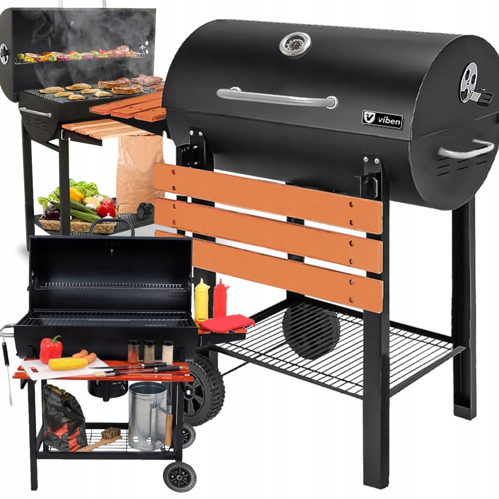 Grill Węglowy Ogrodowy Z Pokrywą 2 Ruszty Popielnik Termometr Stal 2 Półki