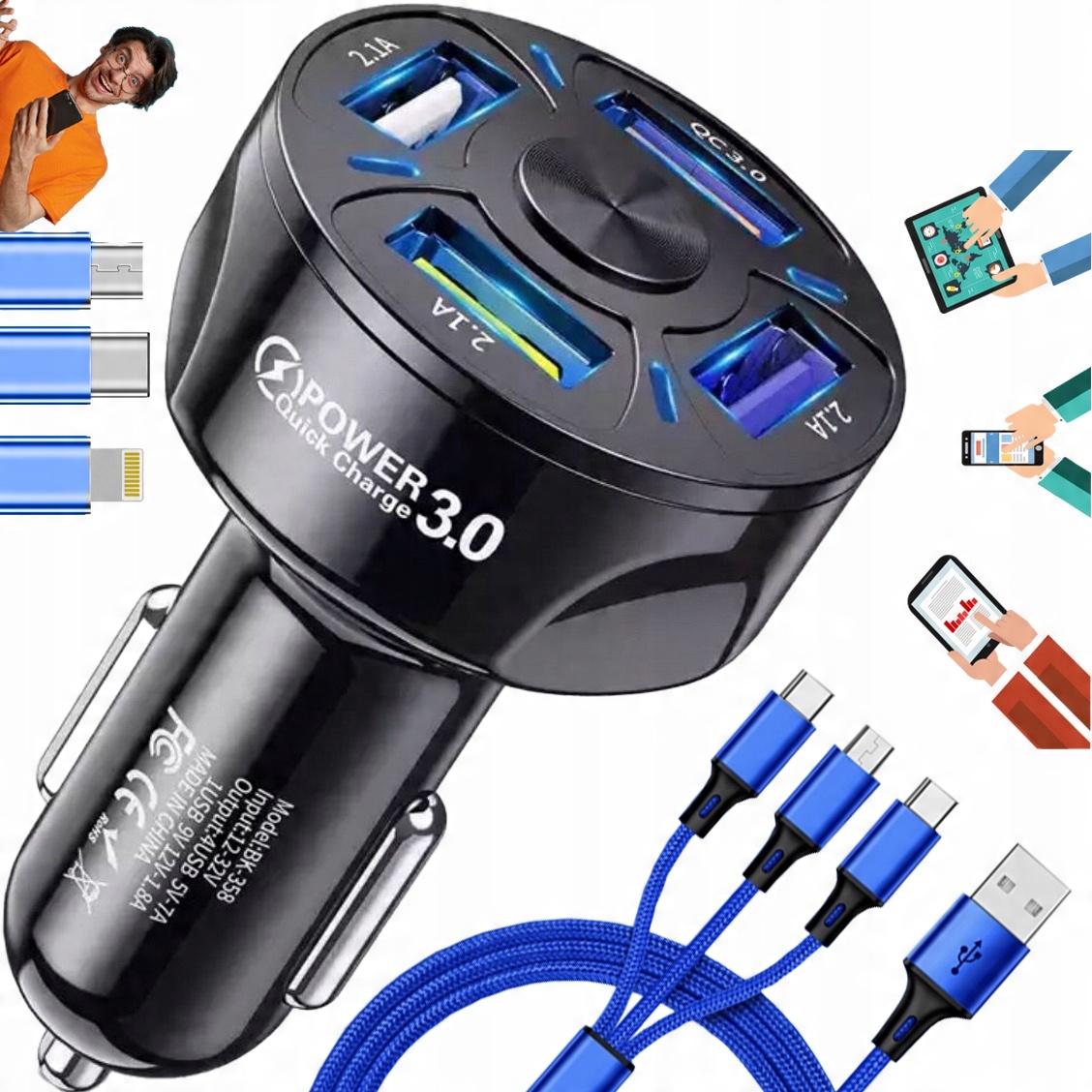 

Ładowarka Samochodowa Qc 3.0 4xUSB C Iphone +kabel