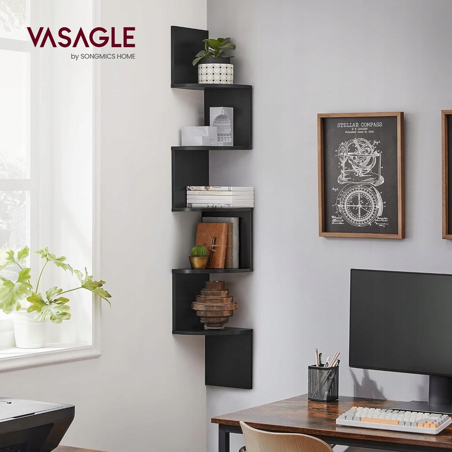 Narożny regał ścienny z pięcioma półkami na dekoracje Marka Vasagle