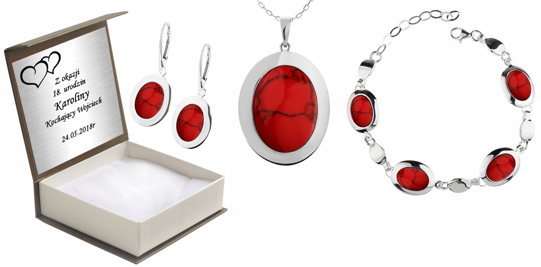 

Komplet Biżuterii Srebrnej Z Koralami + Grawer