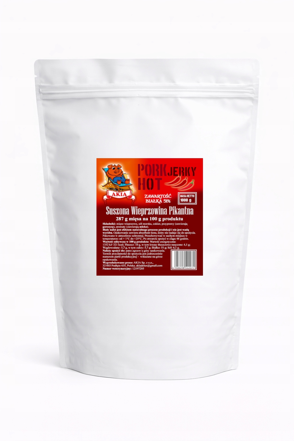 Levně Akia Jerky, Sušené vepřové maso, Sušené vepřové maso Pikantní, 1000 g