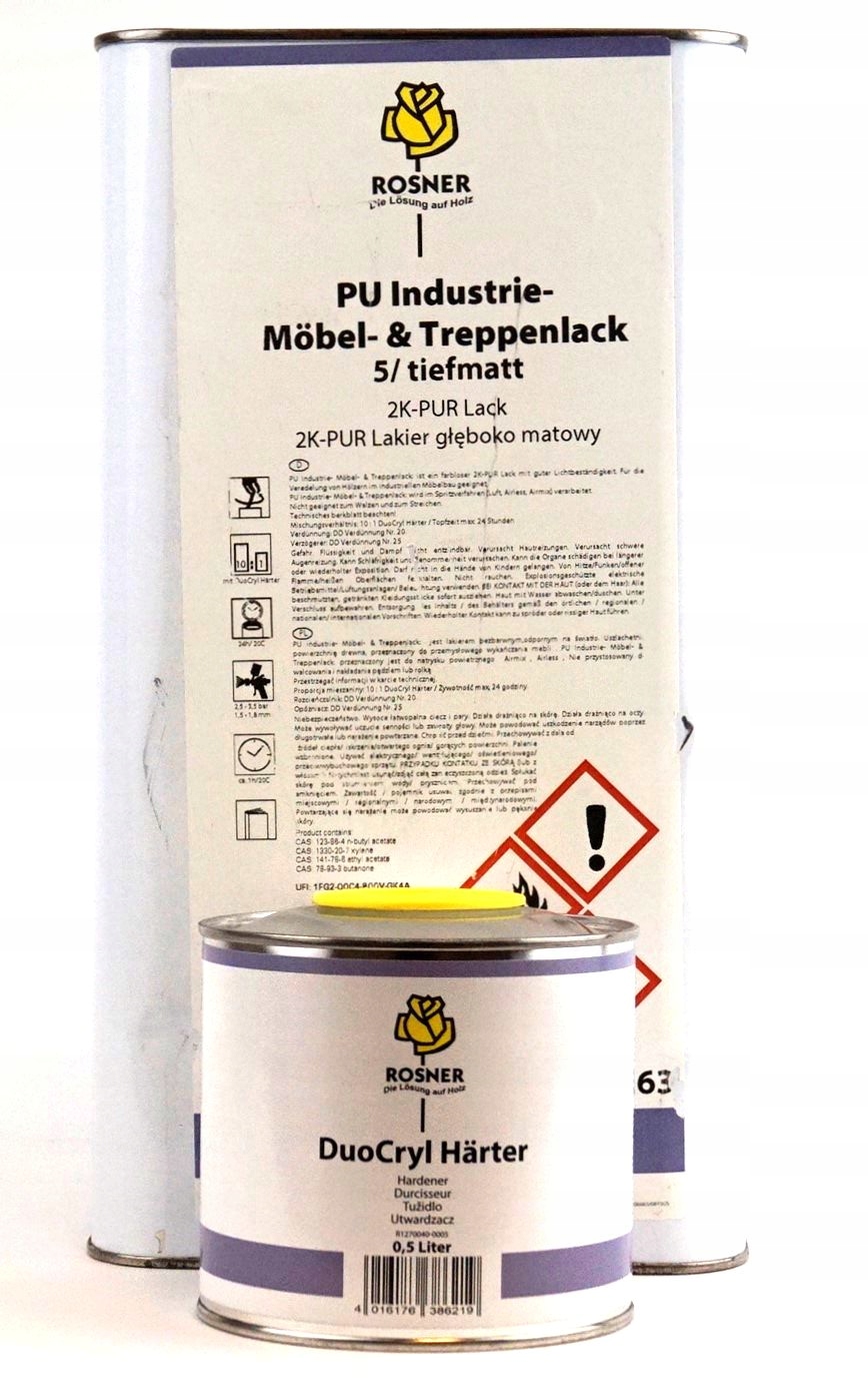 lakier bezbarwny ROSNER PU INDUSTRIE MOBEL GŁĘBOKI MAT zestaw 5L+utwardzacz