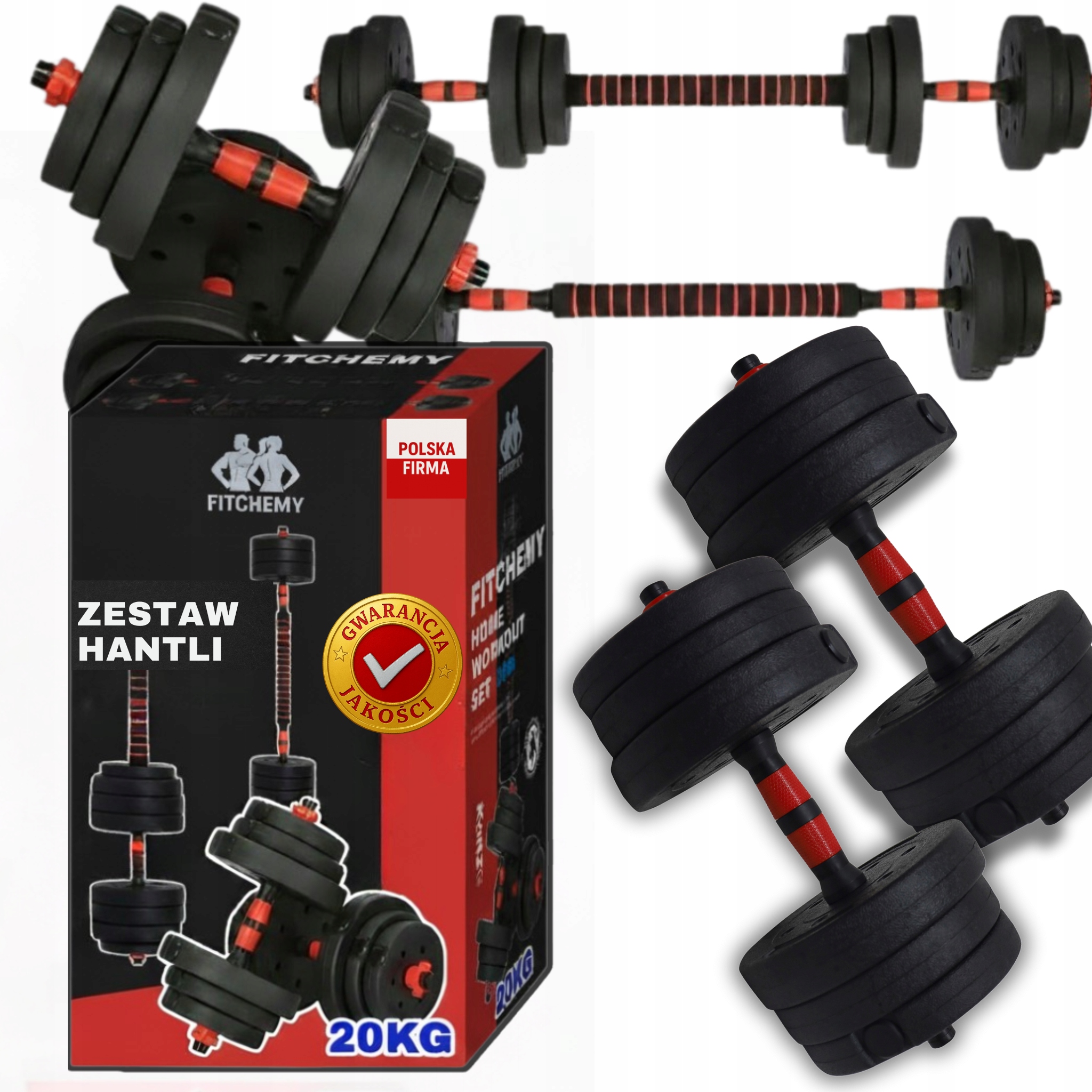 Hantle Regulowane 2w1 Zestaw 20kg (2x10kg) z Funkcją Sztangi Bitumiczne