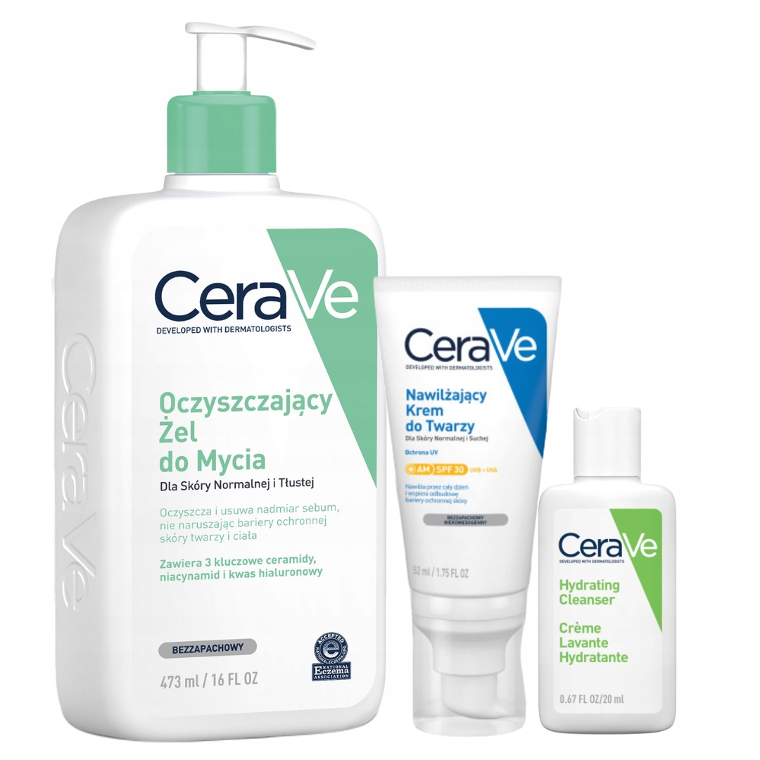 CeraVe Żel Oczyszczający 473ml, Krem do Twarzy z SPF30 52ml