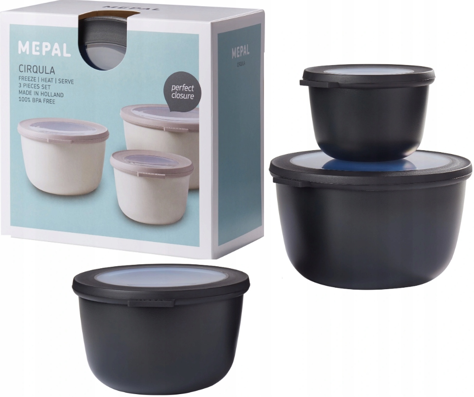 CIRQULA ZESTAW 3 MISKI PLASTIKOWE POJEMNIKI CZARNE SZCZELNE ZAMYKANE ZUPĘ