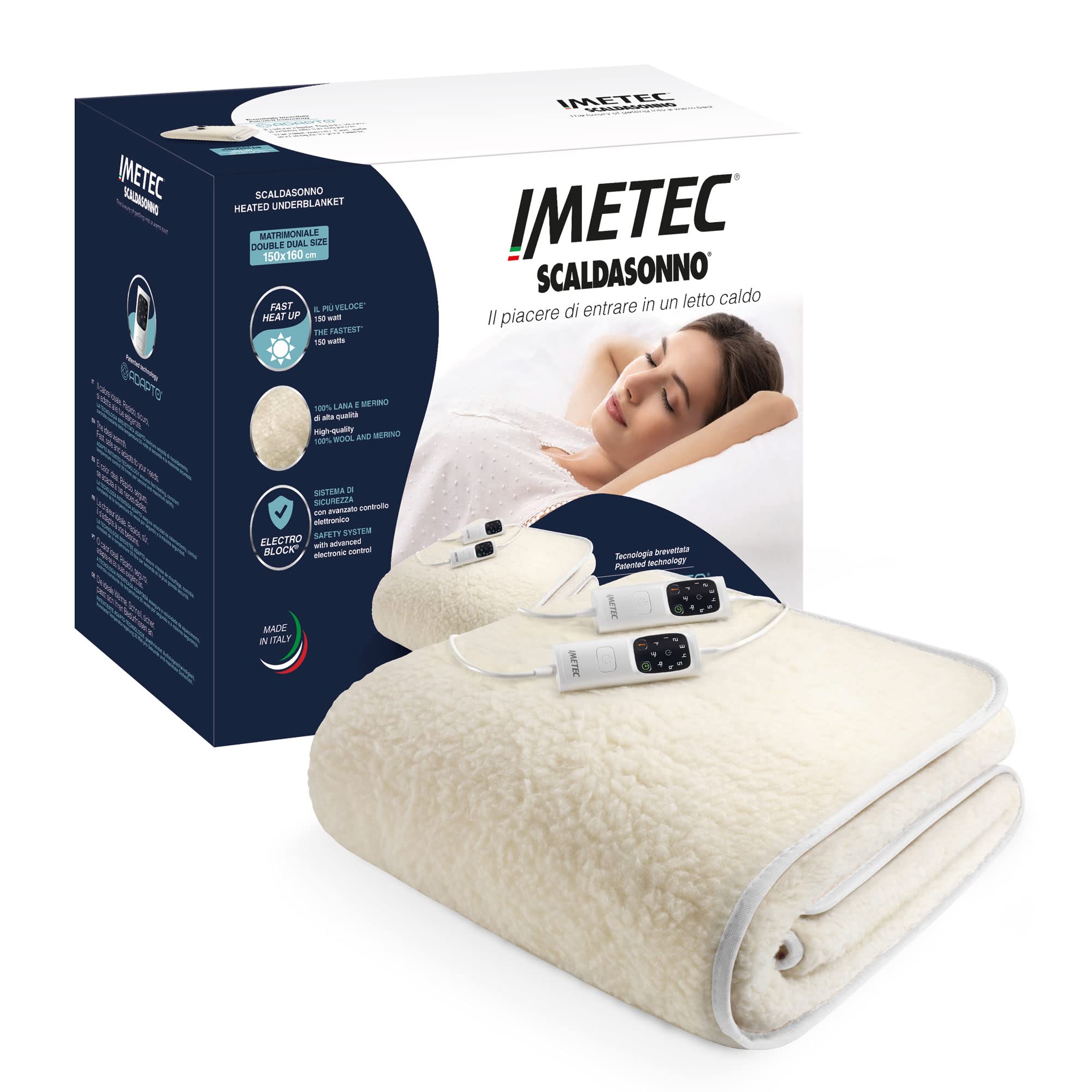 Mata elektryczna koc Imetec Adapto biały 150 W 160x150cm wełna merynos