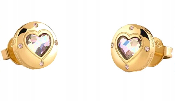 Náušnice Guess Rooling Hearts Kolečka srdcem Zirkon Ocel pozlacená Logo