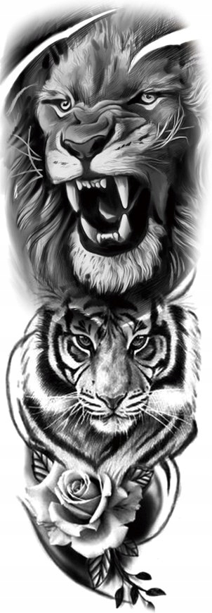 TATUAŻ ZMYWALNY TYMCZASOWY RĘKAW ręka DUŻO WZORÓW TYGRYS LEW B299 Kolor dominujący odcienie szarości