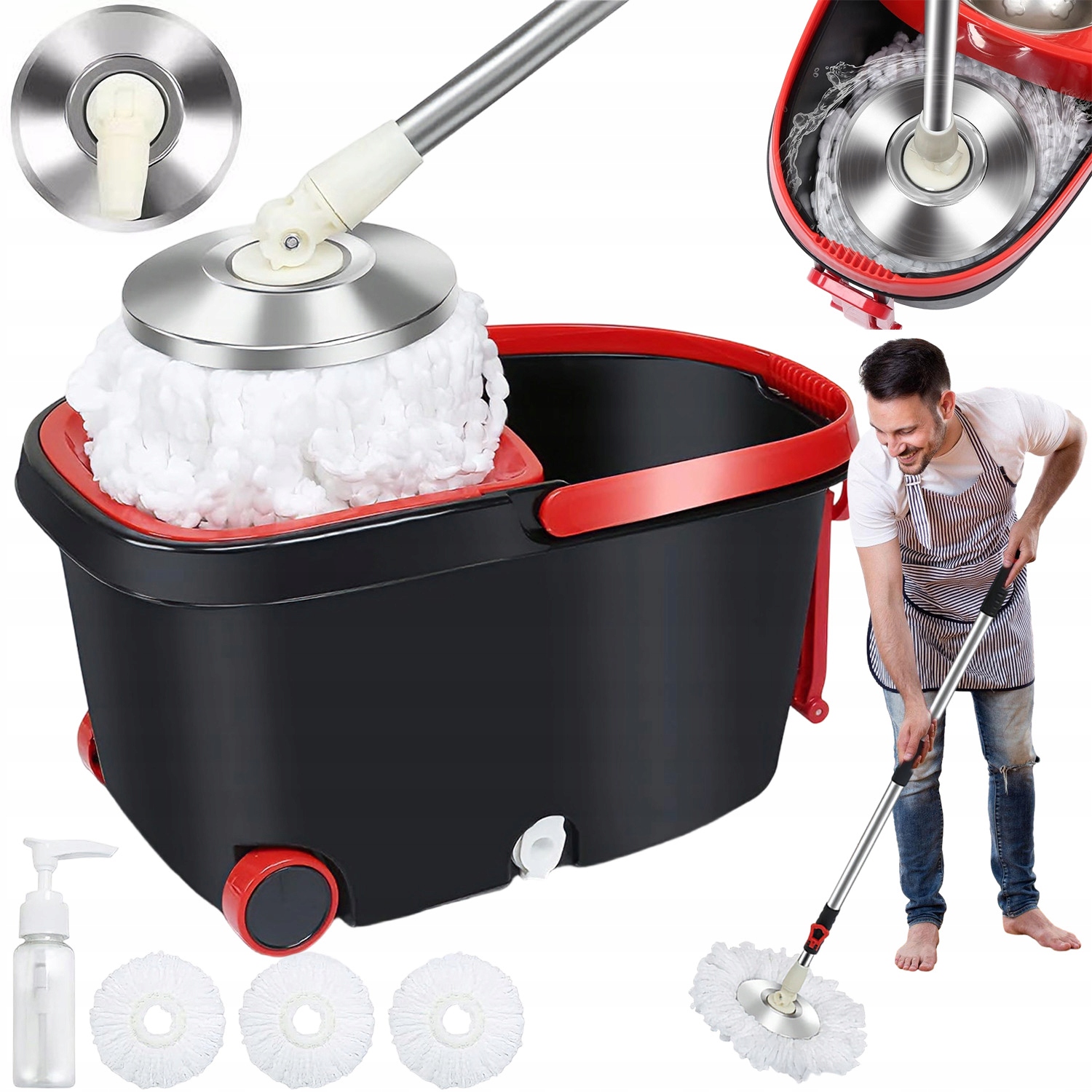 Rotační Mop S Kbelíkem, Čisticí Systém 7.5 L, Nastavitelný, 95-125 CM