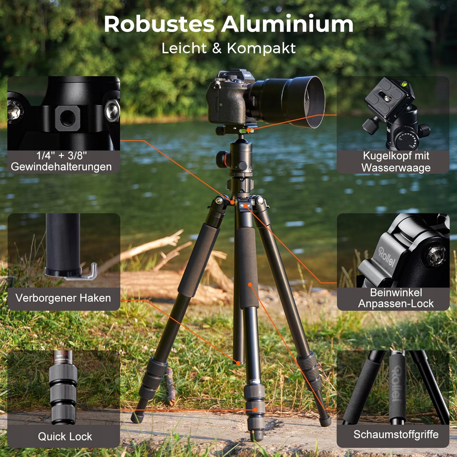 ROLLEI C5I Aluminiowy Statyw Fotograficzny Z Głowicą Kulową I Torbą — miniatura 3