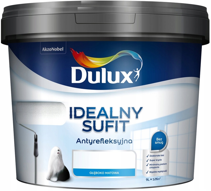 Dulux Idealny Sufit Antyrefleksyjna Farba Do Ścian Głęboki Mat Biała 9L