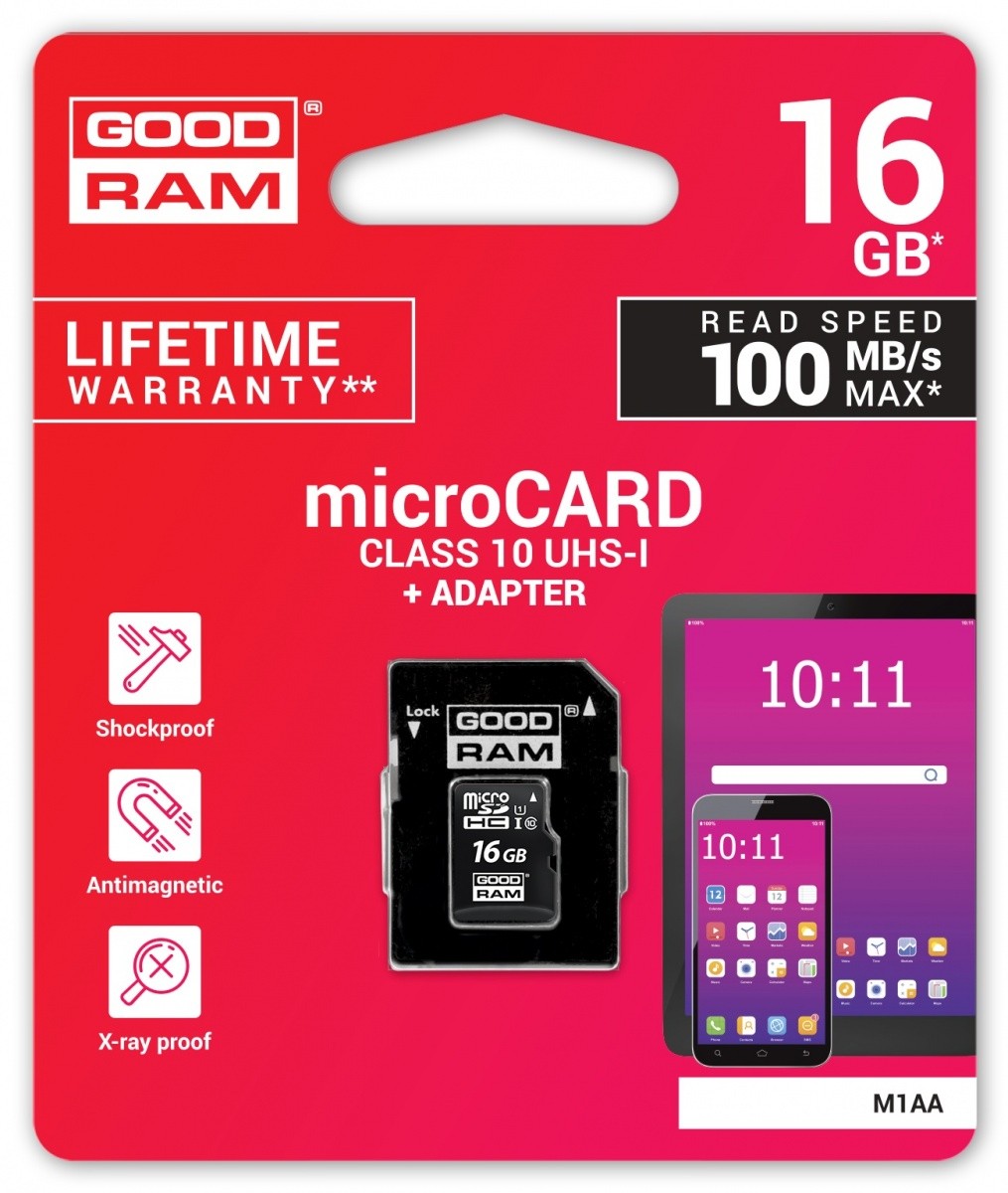 GoodRam MicroSDHC карта 16 ГБ CL10 + адаптер