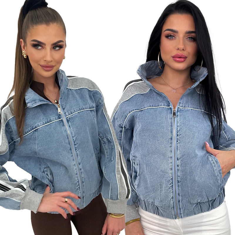 Džínová bunda s lampasem na zip šedá Kalie s prostornými kapsami velikosti one size