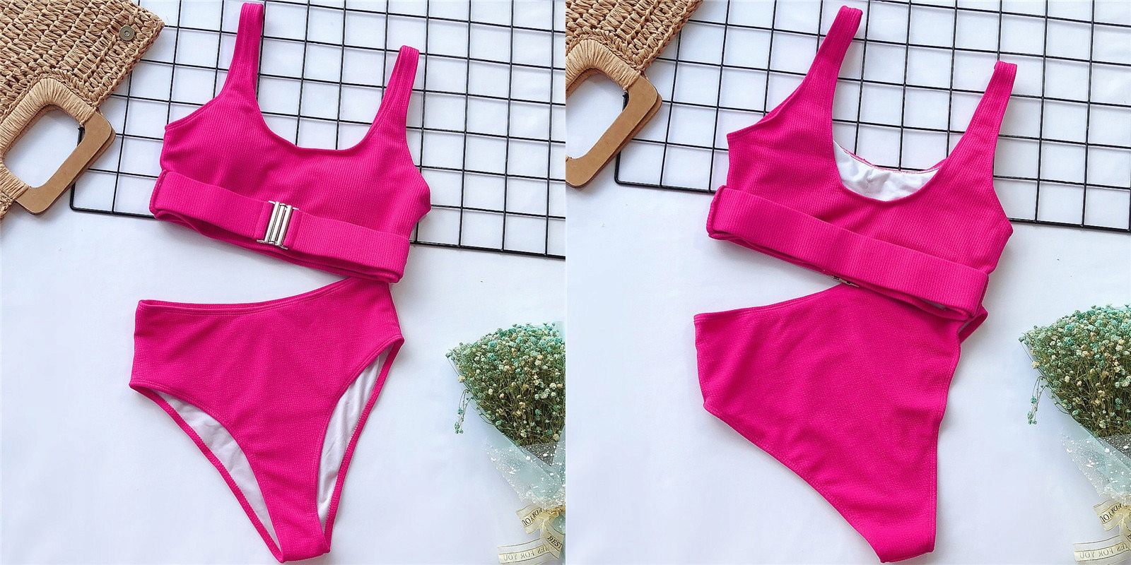 STRÓJ KĄPIELOWY DAMSKI DWUCZĘŚCIOWY KOSTIUM WYSOKI STAN TOP BIKINI KOLORY M Zapięcie brak