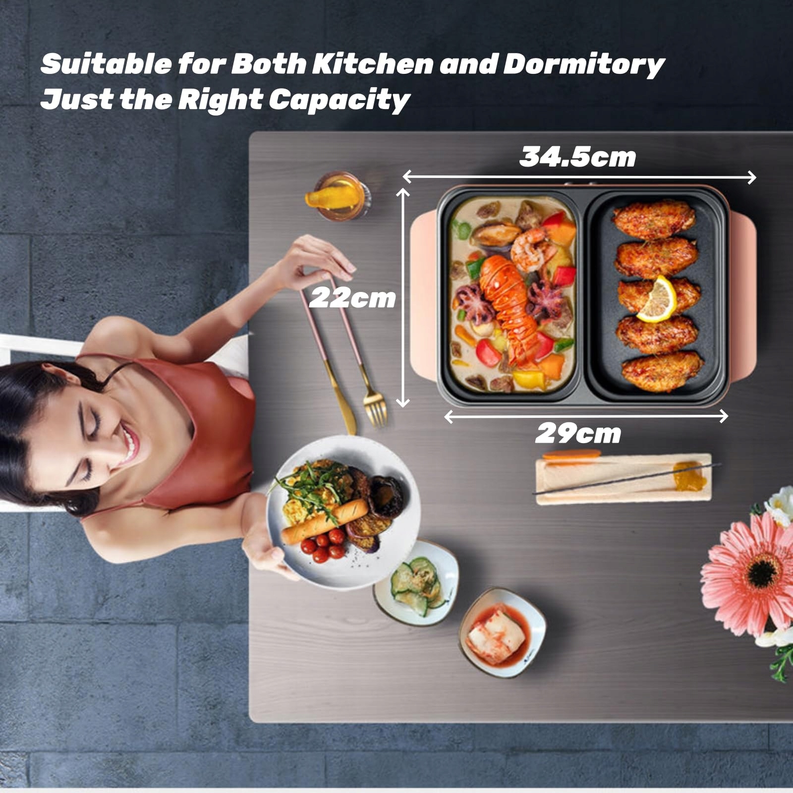 TOPYOND Elektryczny Hot Pot 1200W i Grill BBQ Stół Grill Koreański 2 Osoby — miniatura 6