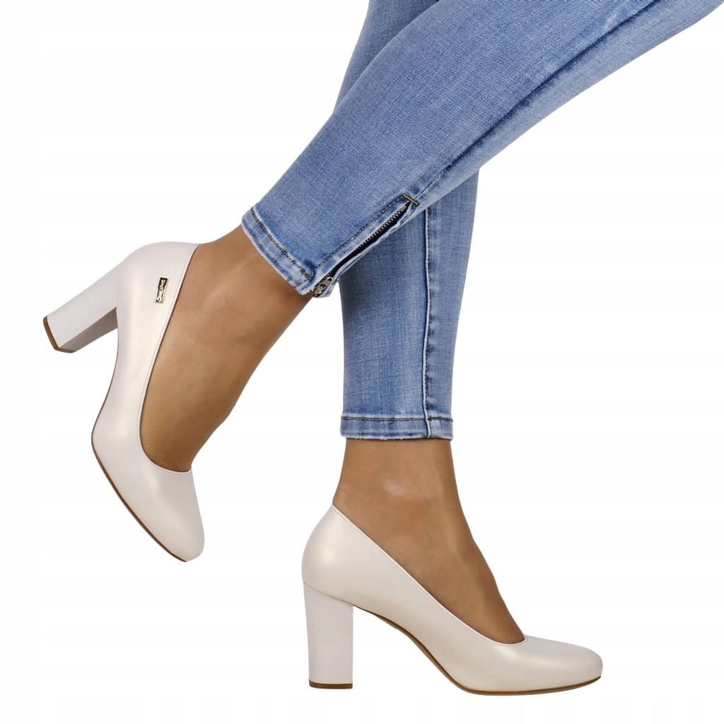 iButy DAMSKIE CZÓŁENKA NA SŁUPKU BUTY NA OZDOBNYM OBCASIE BEŻOWE PERŁOWE Rozmiar 36