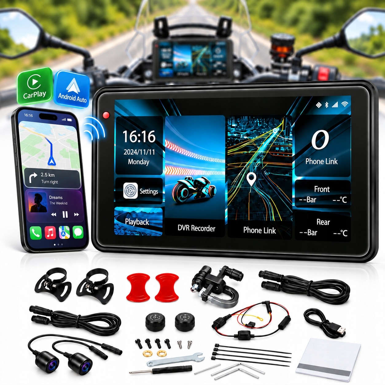 Ekran motocyklowy 5 cali Nawigacja Carplay Android Auto Czujniki ciśnienia