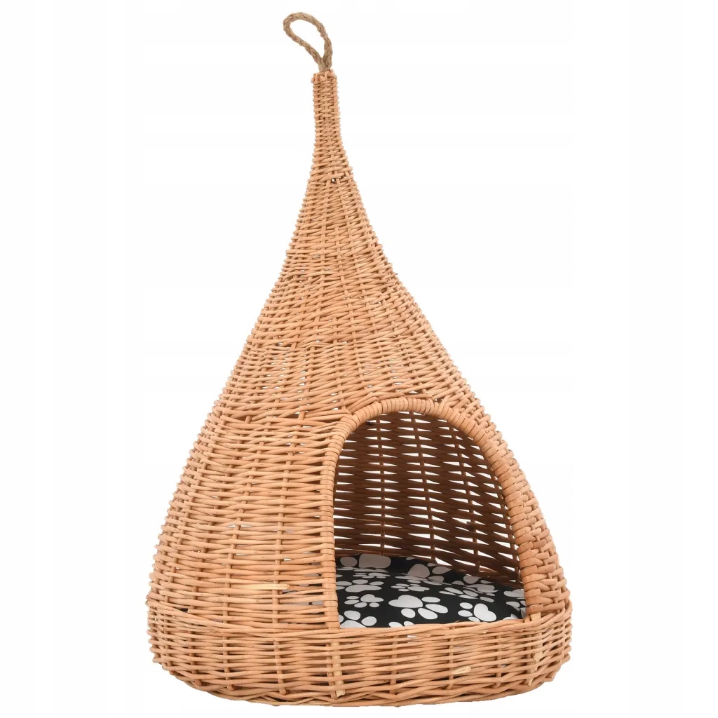 Domeček tipi pro kočky z proutí, 40 x 60 cm, přírodní, černý, bílý