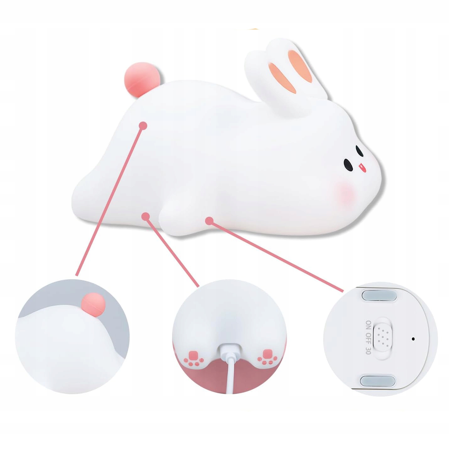 LAMPKA NOCNA DLA DZIECI AKUMULATOR KRÓLICZEK UROCZA LAMPKA Z 3 JASNOŚCIAMI Marka bez marki