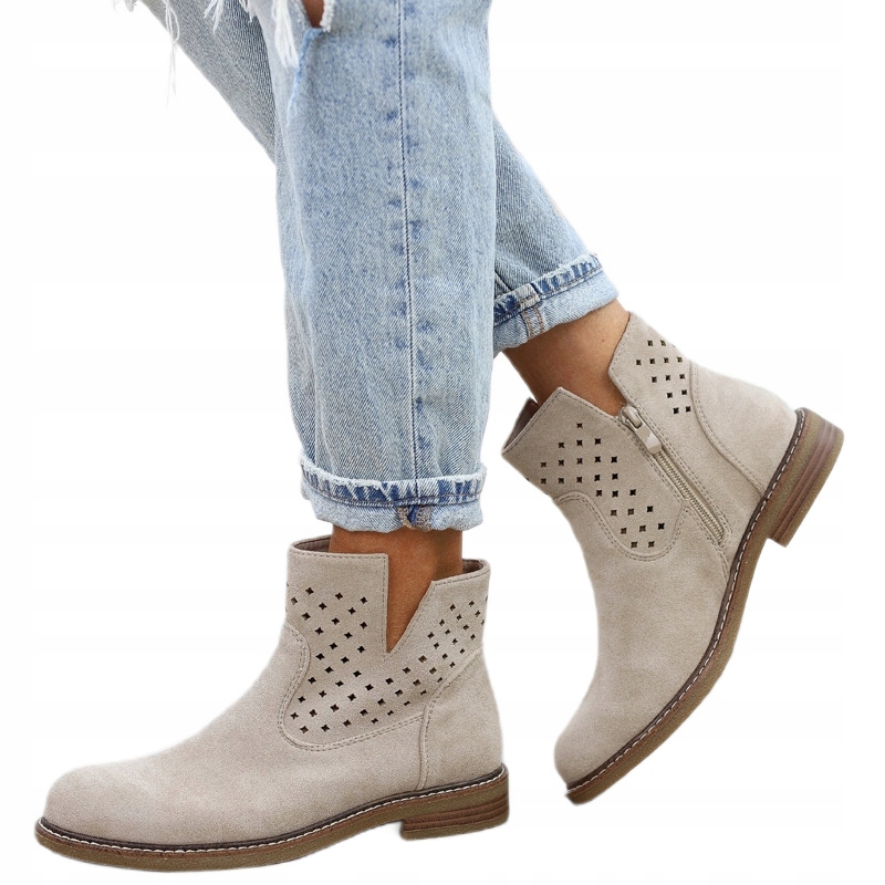 Kotníkové Boty béžové dámské prolamované jarní kožená stélka na zip A2905 vel. 41