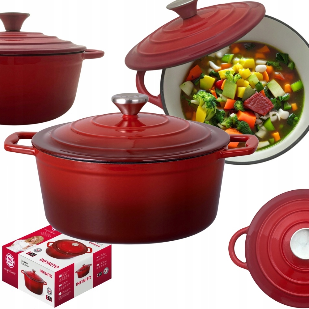 Hrnec 5 L Smaltovaný S Poklicí Červený Plyn/indukce Trouba 25 CM