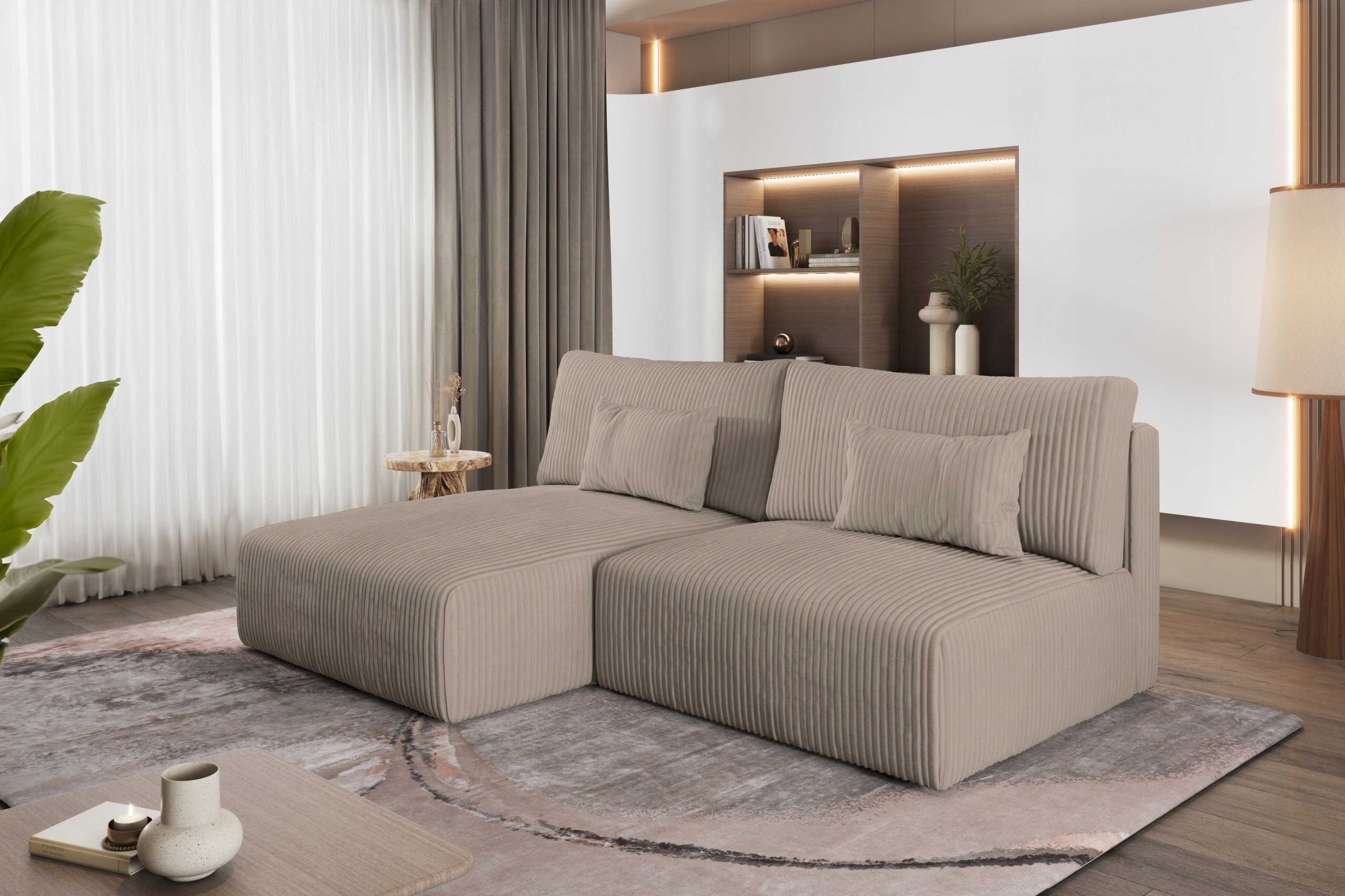 Pohodlný rozkládací rohová sedací souprava Modulo béžový do malého pokoje.