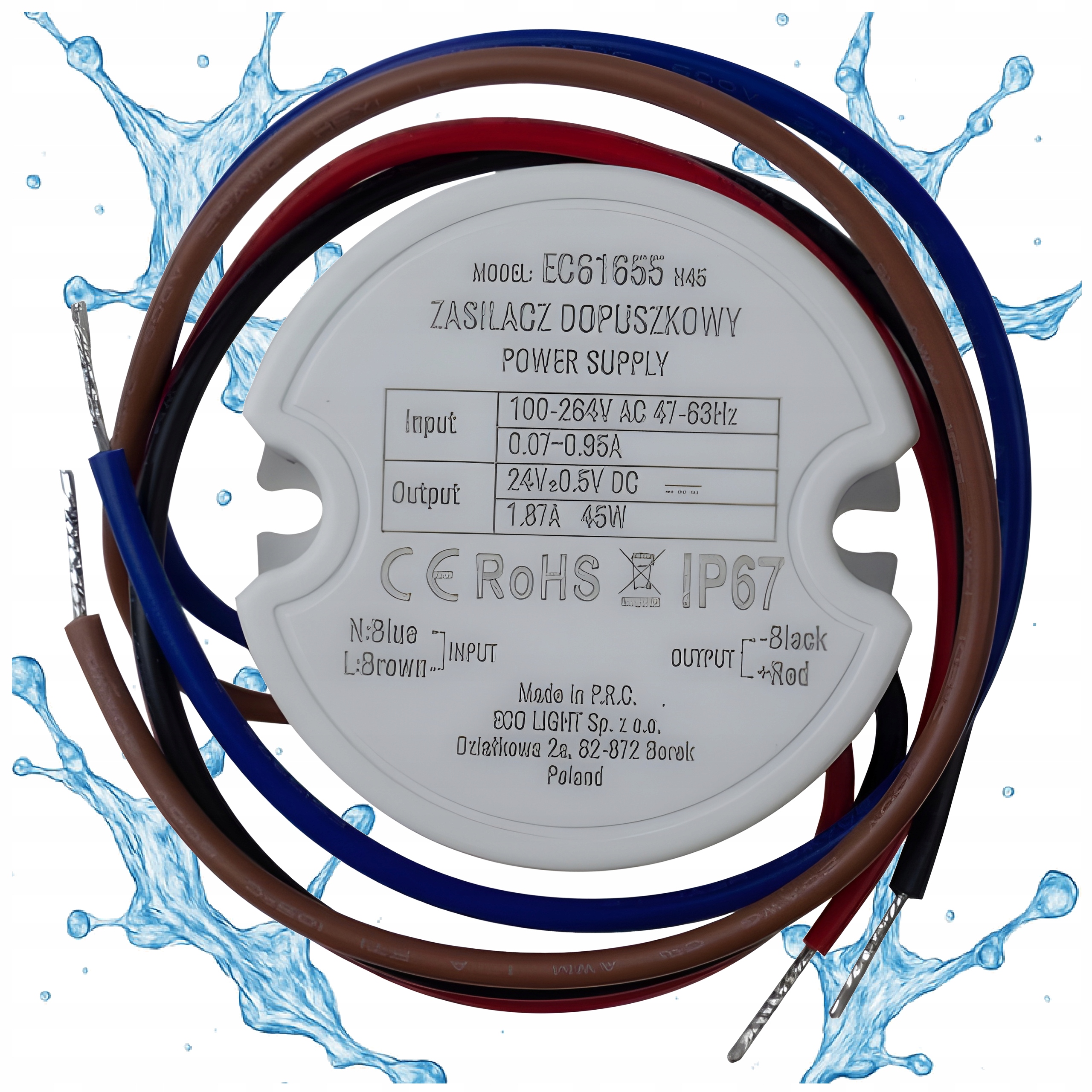Zasilacz Do Led Dopuszkowy 24V 45W IP67 Do Puszki FI60 50x22 1.87A
