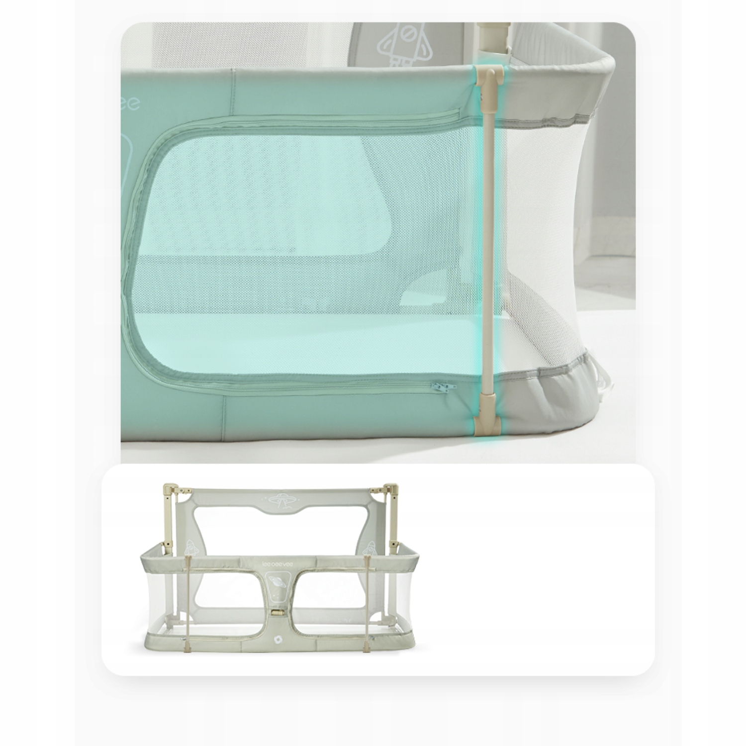 UFO 3-in-1 bed rail - 120 cm, playpen, cot Color shades of gray and silver