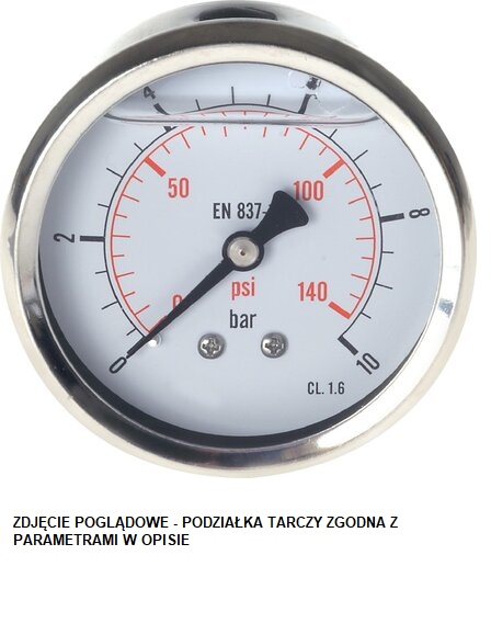 Horizontální glycerinový manometr D63, G 1/4", 0 až 1000 bar nerezová ocel