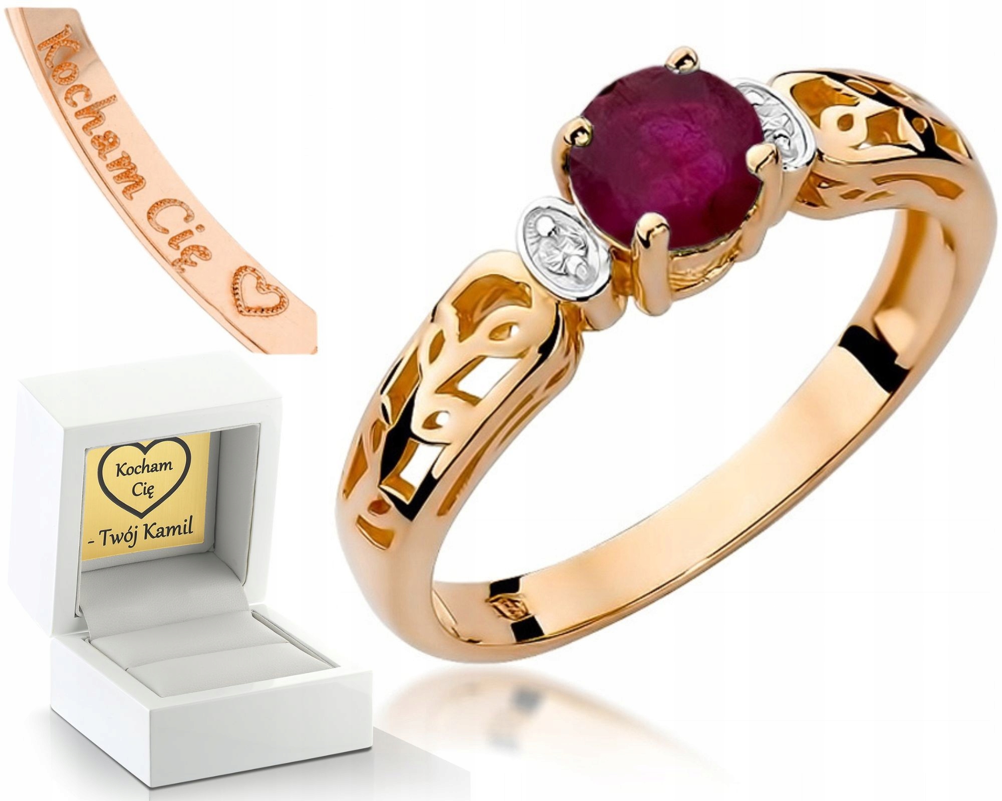 Prstýnek S Rubínem Růžové Zlato Gravírování Bonus