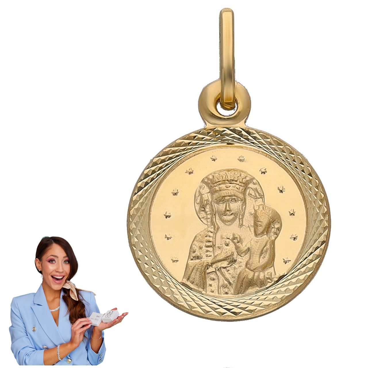 Zlatý Přívěsek Medailon Panna Maria Čenstochovská Zlato 585 S Diamanty